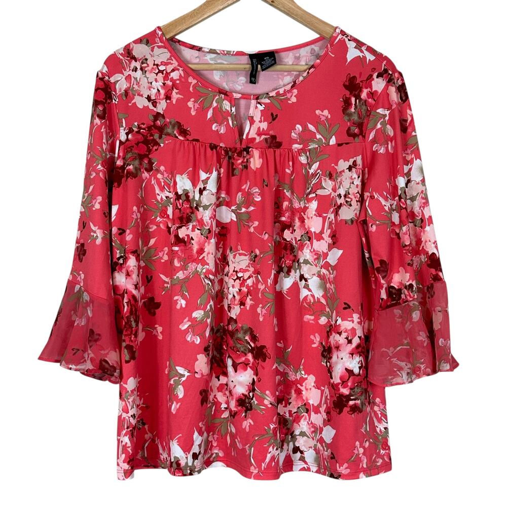 New Directions Blouse Womens PXL Pink Floral Bell Sleeve Cottagecore Romantic